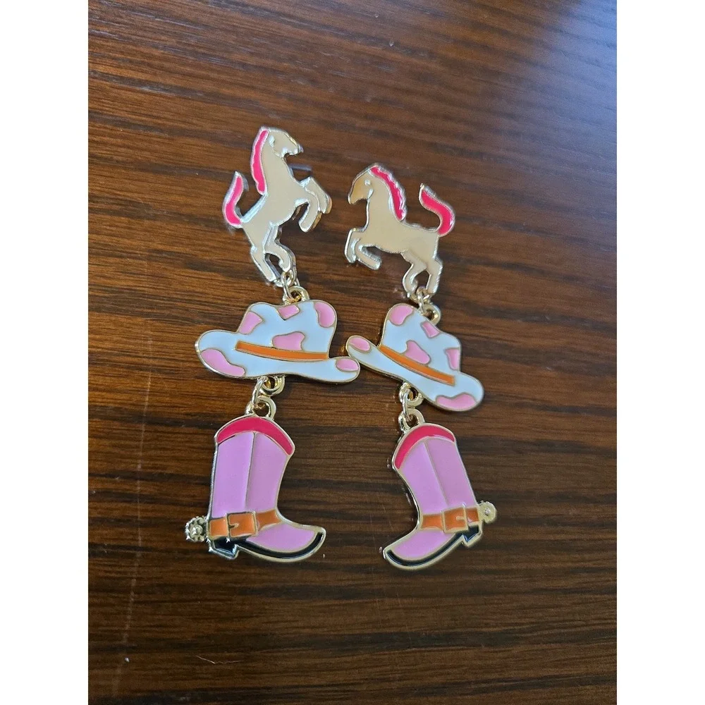Barbie Western Pink Cowgirl Boot Earrings | Gold Tone Horse & Hat Earrings